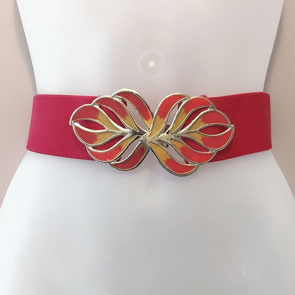 Vintage Pink Elasticized Belt with Pink and Yellow Leaf Enamel Buckle Size Small